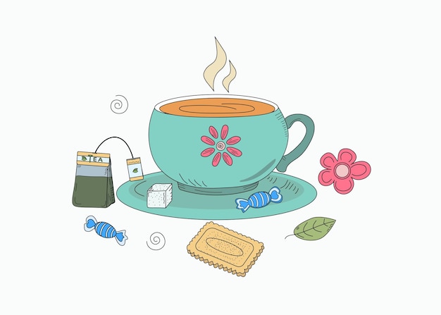 Vector cup with saucer hot tea in doodle style vector illustration