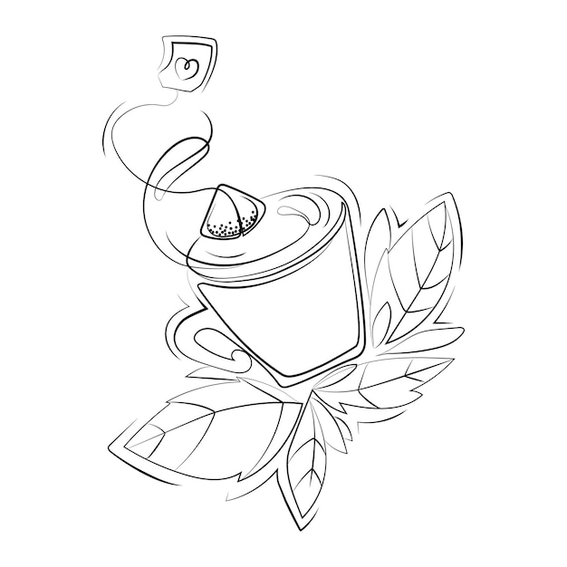 Чашка с чайным пакетиком и чайными листьями Line art vector illustration.Кружка чая с листьями, черно-белая