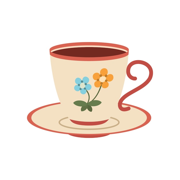 紅茶やコーヒーのカップ さまざまな装飾品 花 ベリーなど 居心地の良いベクトル イラスト 漫画のスタイル フラット デザイン 秋または冬の飲み物