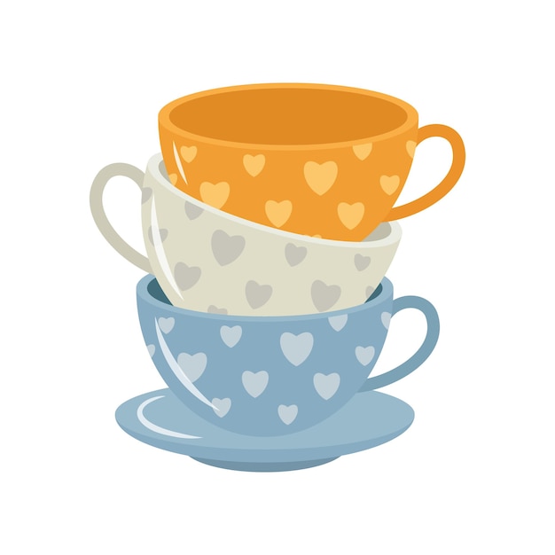 茶やコーヒーを飲むカップ 様々な装飾品 花やベリーなど 居心地の良いベクトルイラスト