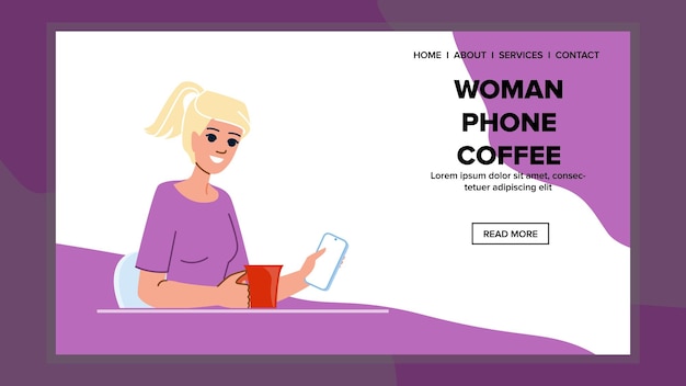 cup woman phone coffee vector lifestyle technology girl using cafe female cup woman phone coffee web flat cartoon illustration