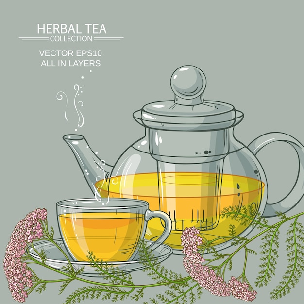Vector cup of yarrow tea and teapot