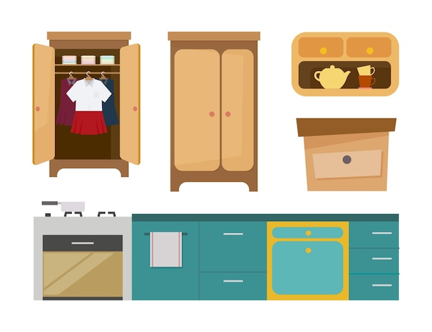 Vector cupboard wardrobe kitchen set cabinets vector illustration