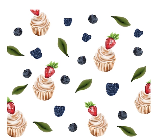 Cupcake and berries texture vector vintage colors