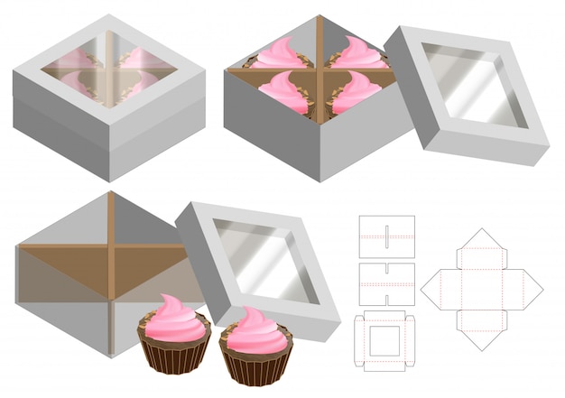 Cupcake box packaging die cut template design. 3d mock-up