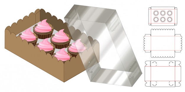 Vector cupcake box packaging die cut template design. 3d mock-up