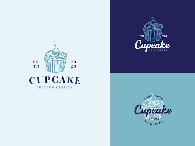 Cupcake cafe Hand Draw Logo Template with Premium Vintage Typography