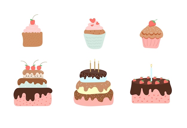 Vector cupcake and cake cute illustration set vector illustration in flat style