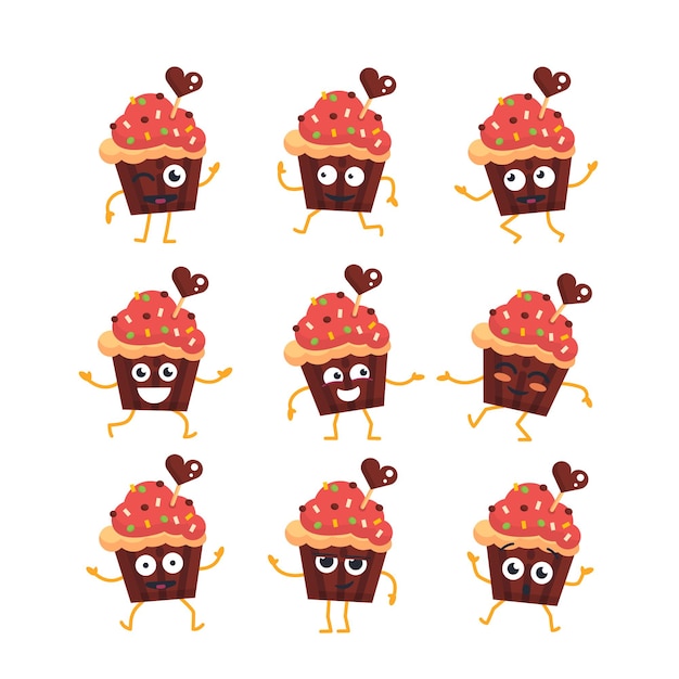 Vector cupcake cartoon character - modern vector set of mascot illustrations - dancing, smiling, having a good time. emoticons, happiness, emotions, surprise, blinking,