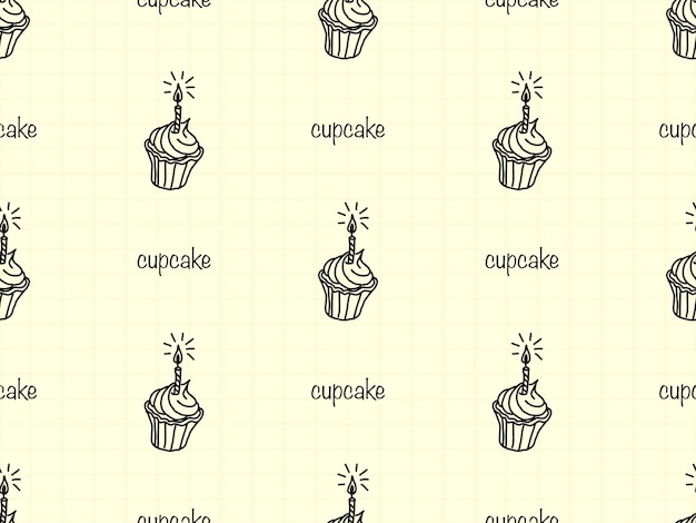 Cupcake cartoon character seamless pattern on yellow background