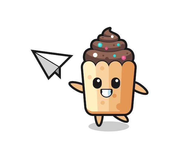 Cupcake cartoon character throwing paper airplane , cute design