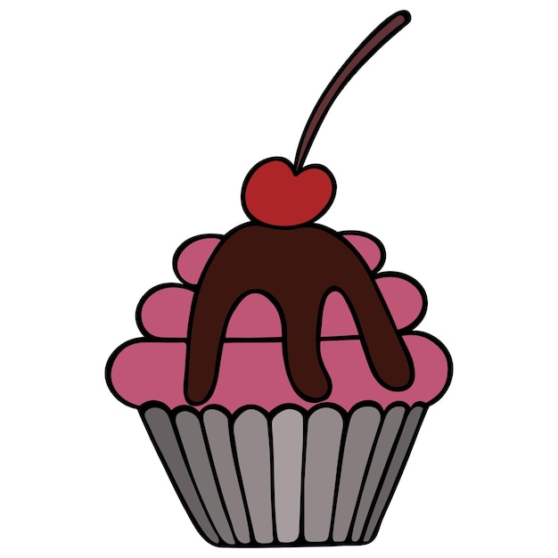 Cupcake in cartoon style Pink muffin covered with chocolate and garnished with cherries