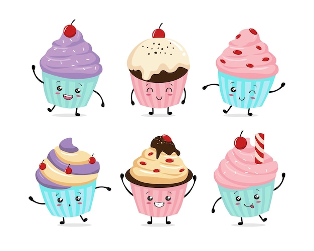 カップケーキキャラクターかわいいケーキカワイイイラスト プレミアムベクター