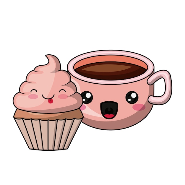 Disegno dell'icona isolato carattere cupcake e caffè