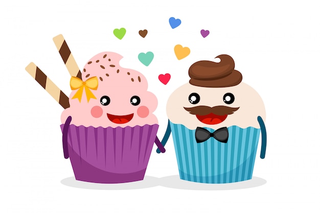 Cupcake couple vector illustration. sweet cupcakes hold hands isolated with confetti