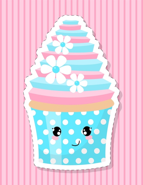 Cupcake decorated with sugar flowers. Cake character in the style of kawaii. Vector illustration.