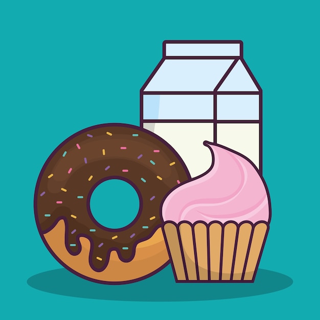 cupcake, donut en melk vak pictogram