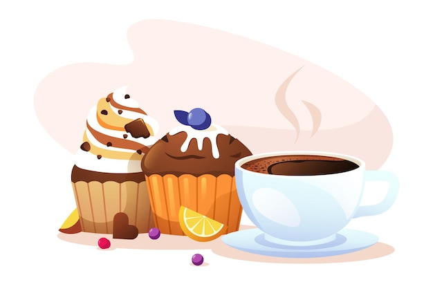 Vector cupcake en koffie cartoon muffins met kopje cappuccino zoete ochtend eten met warme drank voor restaurant café ontbijt vector bakkerij illustratie