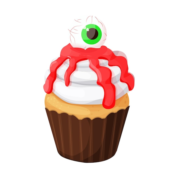 Cupcake Halloween monster dessert with scary eye on blood jelly in cartoon style