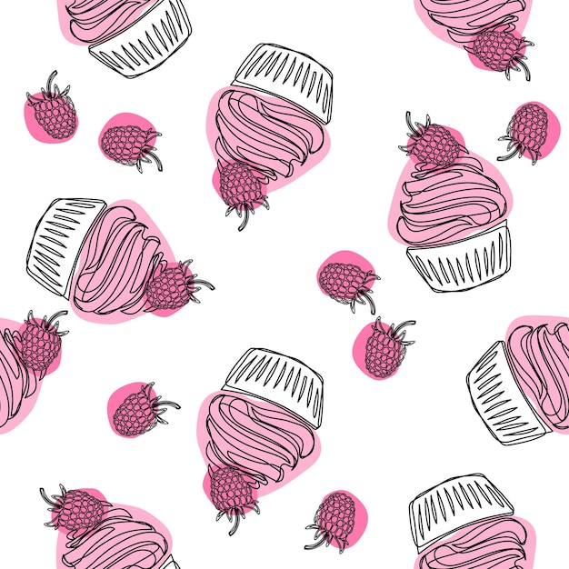 Cupcake hand drawn seamless pattern doodle cupcake and raspberry buttercream food background vector illustration