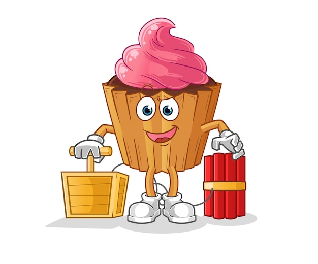 Cupcake holding dynamite detonator. cartoon mascot vector