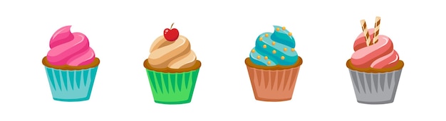 ウェブサイトの印刷デザインやアプリに適した 4 つのデザイン要素のカップケーキ アイコン セット