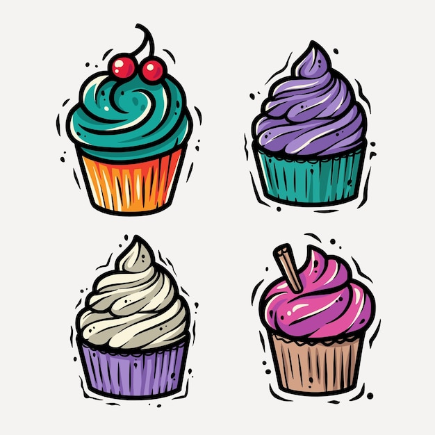 Vector cupcake illustration cream cake muffin dessert set