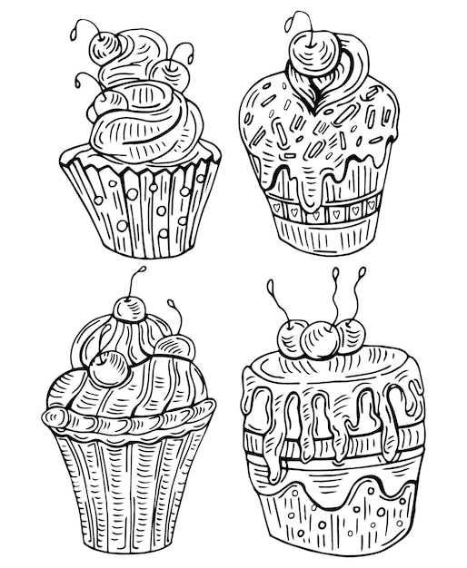 Cupcake illustration, drawing, engraving, ink, line art, vector