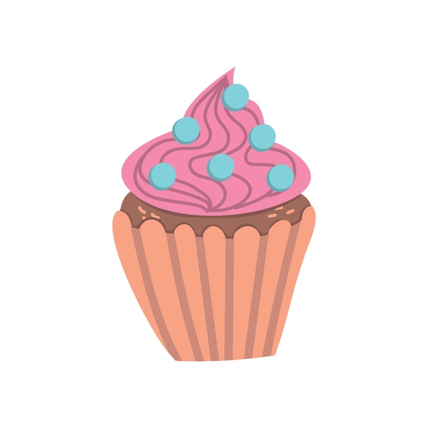 Cupcake in cartoon-stijl Leuk dessert met roze room en hagelslag Handgetekende vectorillustratie op een witte geïsoleerde achtergrond