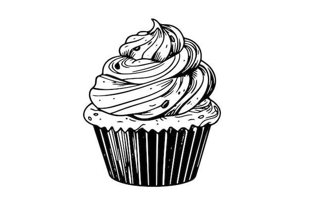 Cupcake in gravure stijl Ink schets geïsoleerd op witte achtergrond Hand getrokken vectorillustratie