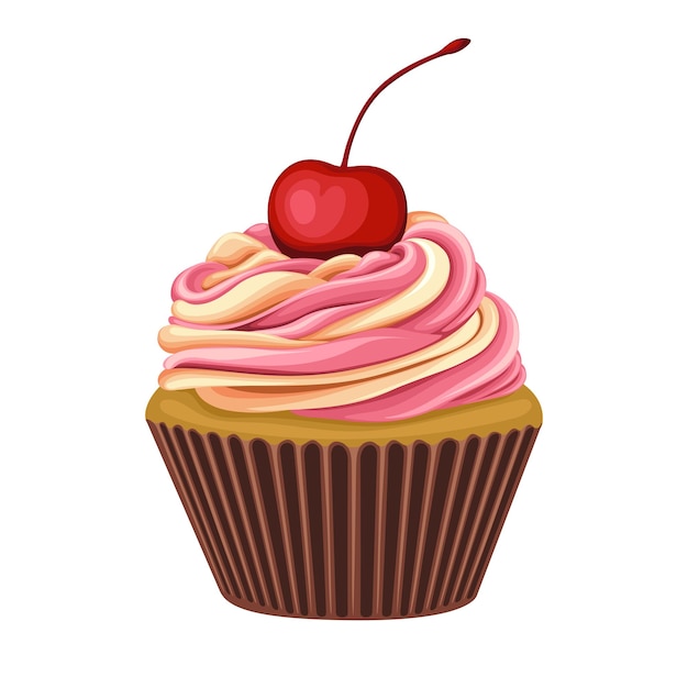Cupcake Kers Crème Zoete Taart Woestijn Vectorillustratie