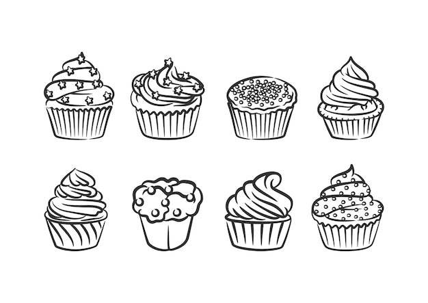 Cupcake lijn kunst hand getrokken stijl collectie doodle tekening zwart-wit
