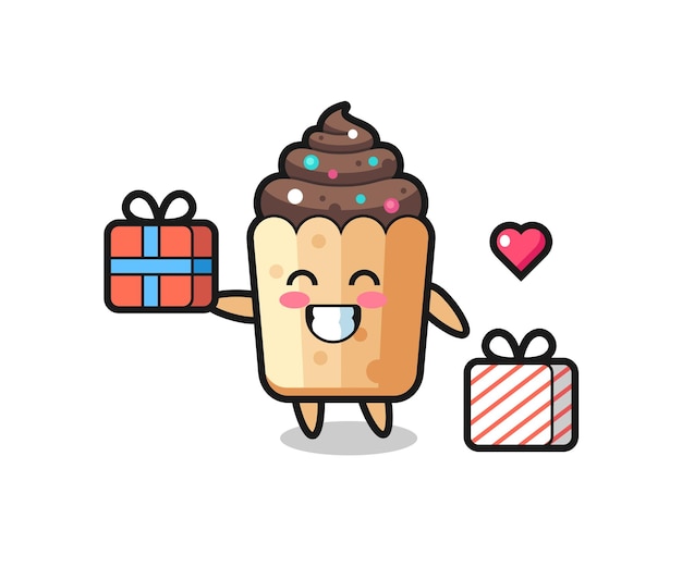 Cupcake mascot cartoon giving the gift , cute design