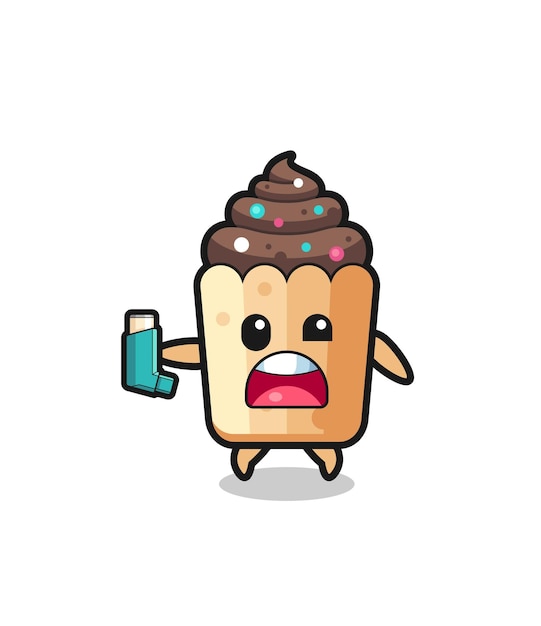 Cupcake mascot having asthma while holding the inhaler  cute design