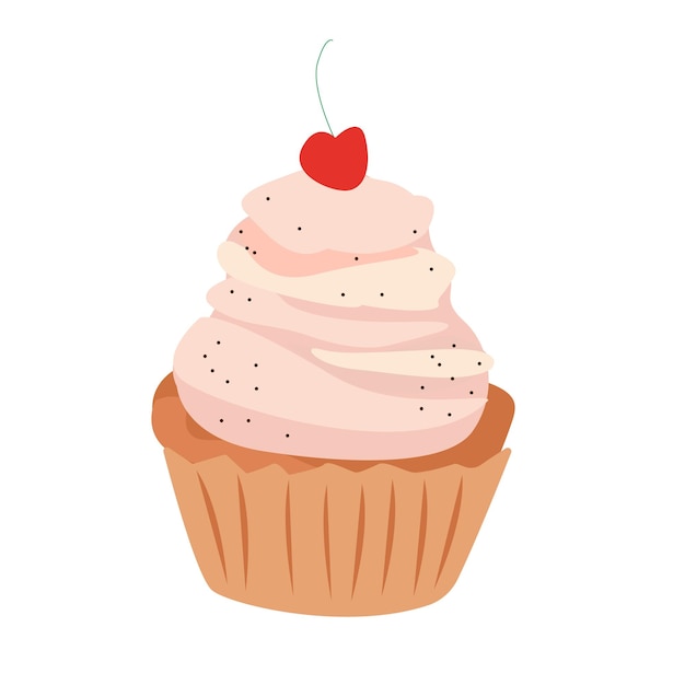 Cupcake met kers Platte vectorillustratie Muffin met slagroom Cartoon stijl