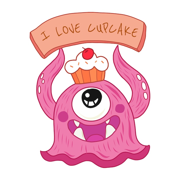 Vector cupcake monster schattig cartoon hand getrokken.