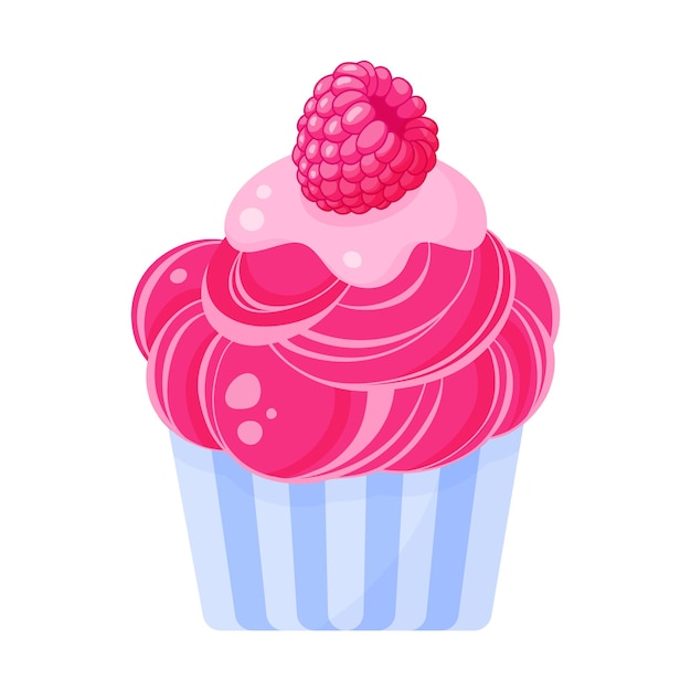 Cupcake or muffin with pink cream and raspberry.