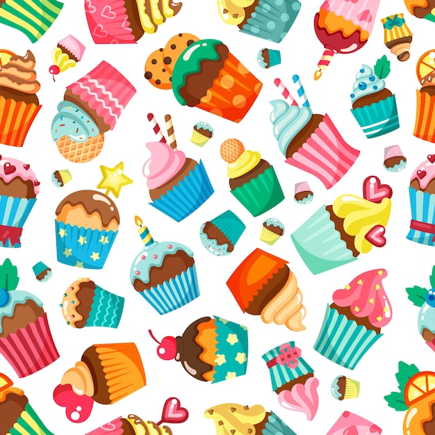 Cupcake patroon muffins collectie voor textielontwerpen vector naadloze achtergrond