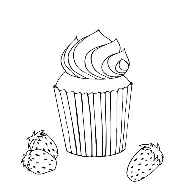 Cupcake sketch with cream and strawberry.