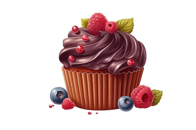 Кекс сладкий шоколадный десерт со сливками и ягодами Изолированный на заднем плане Мультфильм векторная иллюстрация