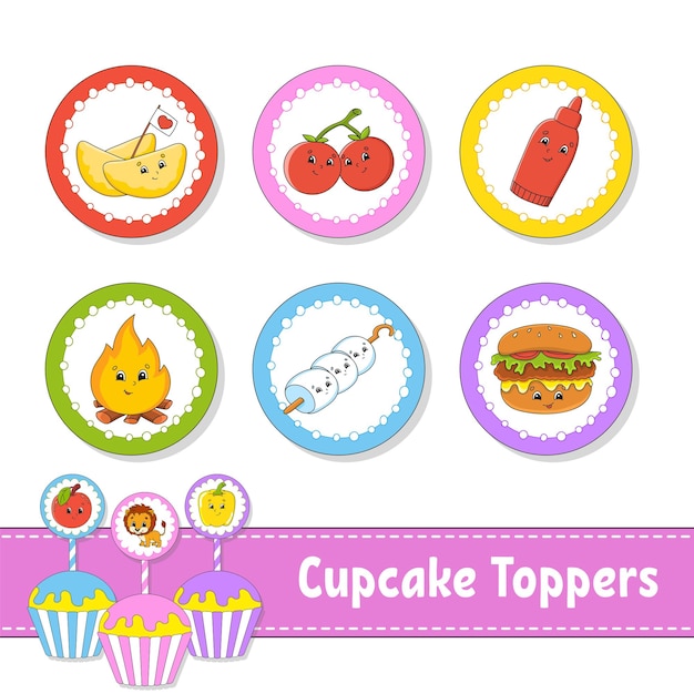 Cupcake toppers set of six round pictures barbecue theme cute image for birthday baby shower