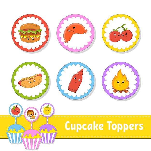 Cupcake Toppers Set van zes ronde foto's Barbecue thema stripfiguren Leuke afbeelding Voor verjaardag baby shower