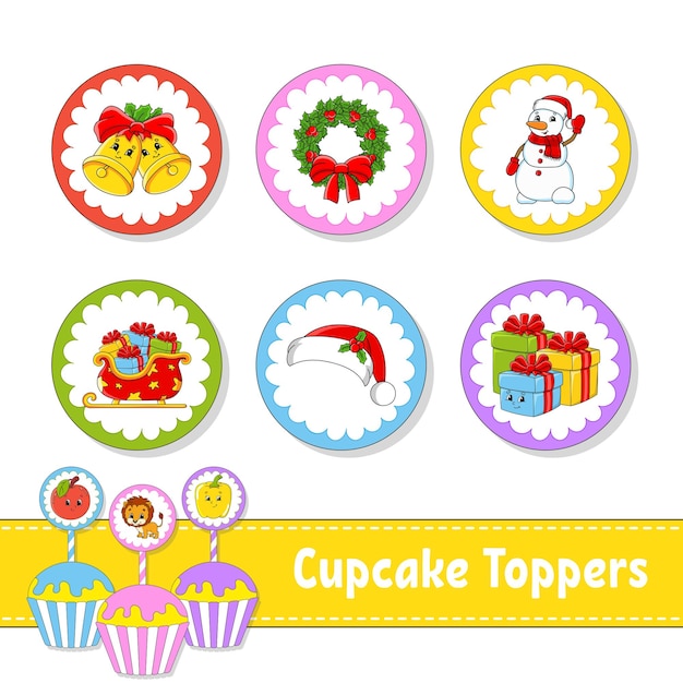 Vector cupcake toppers set van zes ronde foto's cartoon personages leuke afbeelding voor verjaardag baby shower