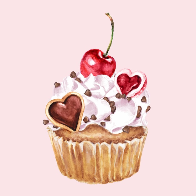 Vector cupcake for valentine's day watercolor illustration of cherry cupcake