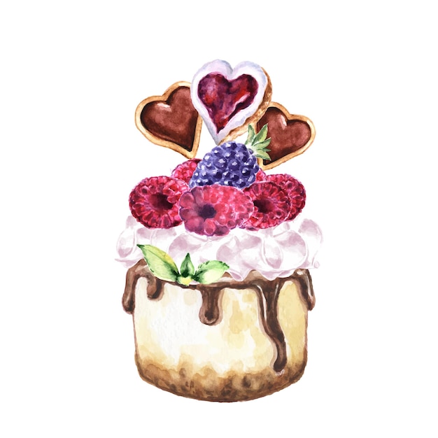 Vector cupcake for valentine's day watercolor illustration of raspberry cupcake