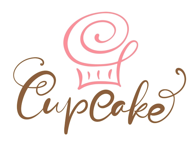 Testo calligrafico di vettore del bigné con il logo. cupcake dolce con crema, elemento di design del modello dell'emblema del dessert vintage
