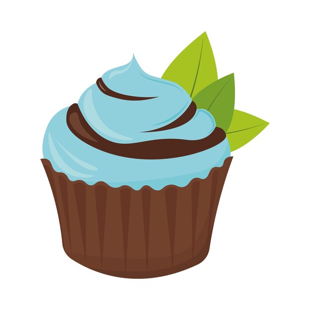 Vector cupcake with blue icing and chocolate cake with cream