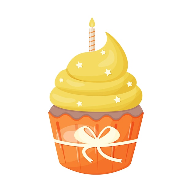 Vector cupcake with candle, bow and stars