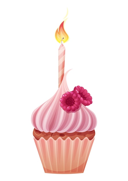 Cupcake with a candle on a white background happy birthday illustration muffin with cream and
