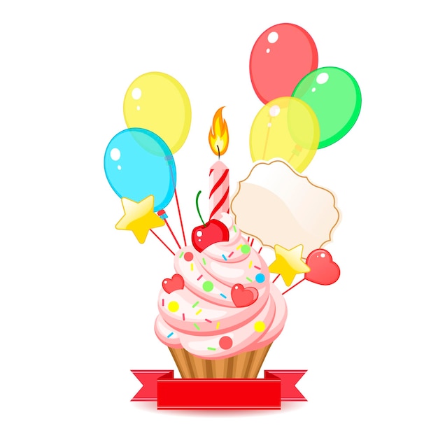 Vector cupcake with candles and balloons